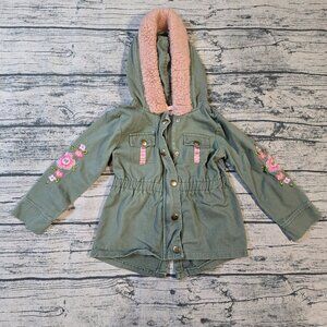 Little Lass Toddler Girl Army Green Faux Pink Fur Hooded Embroidered Jacket 4T